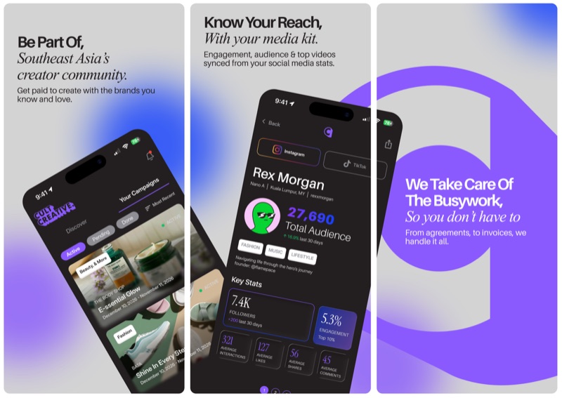 Cult Creative app: campaign discovery, creator media kit, and campaign management screens